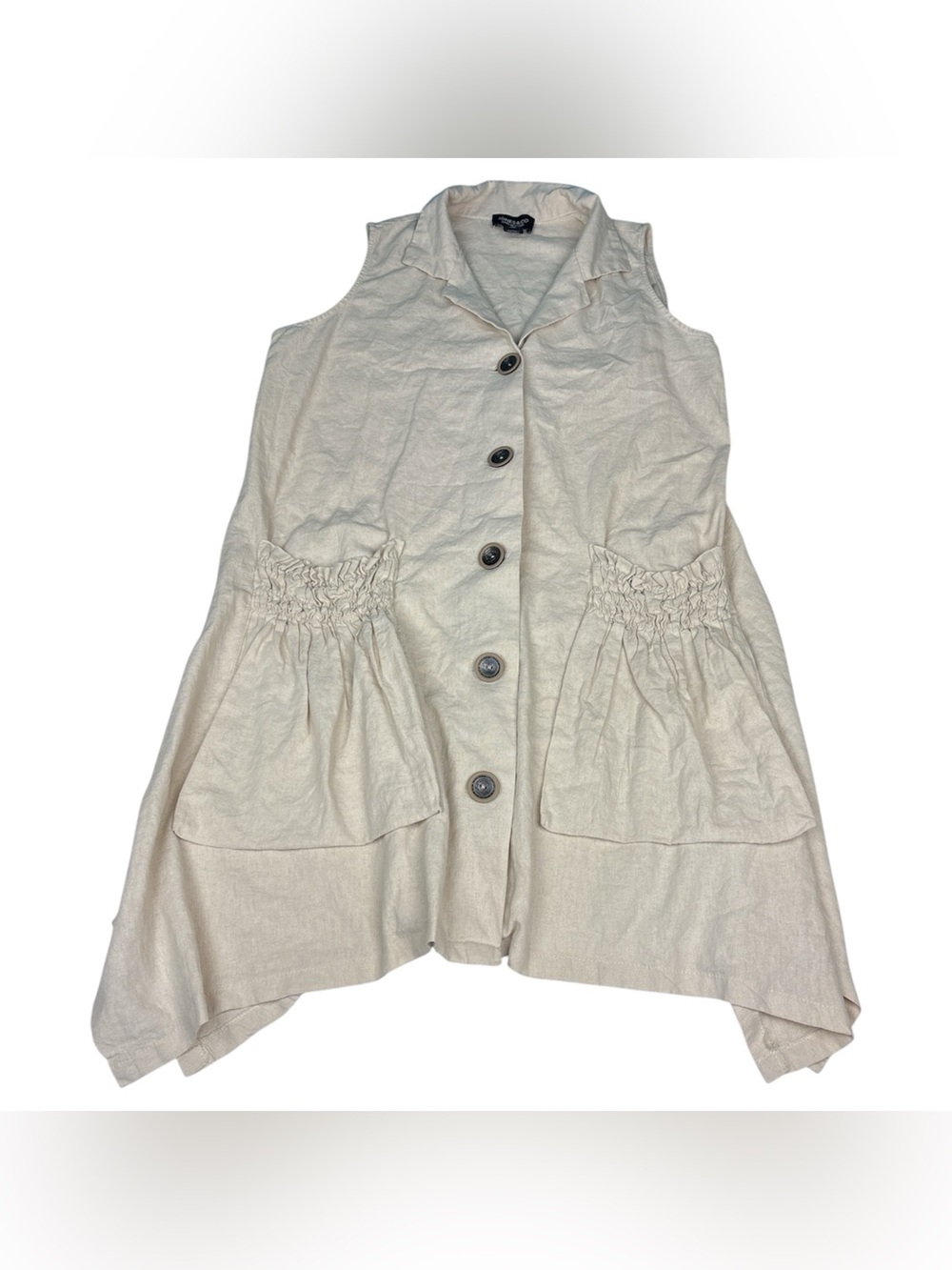 Jones & Co New York Women 1X Dress Beige Linen Blend Asymmetrical Button Pockets